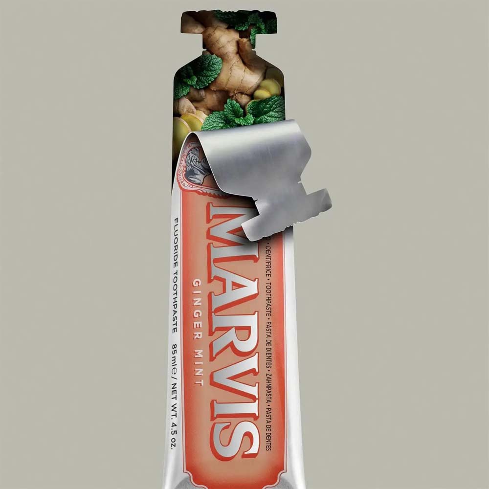 MARVIS Classic Ginger Mint Toothpaste. A sophisticated, warming mint flavor for oral care with a vintage aesthetic. 85 ml.