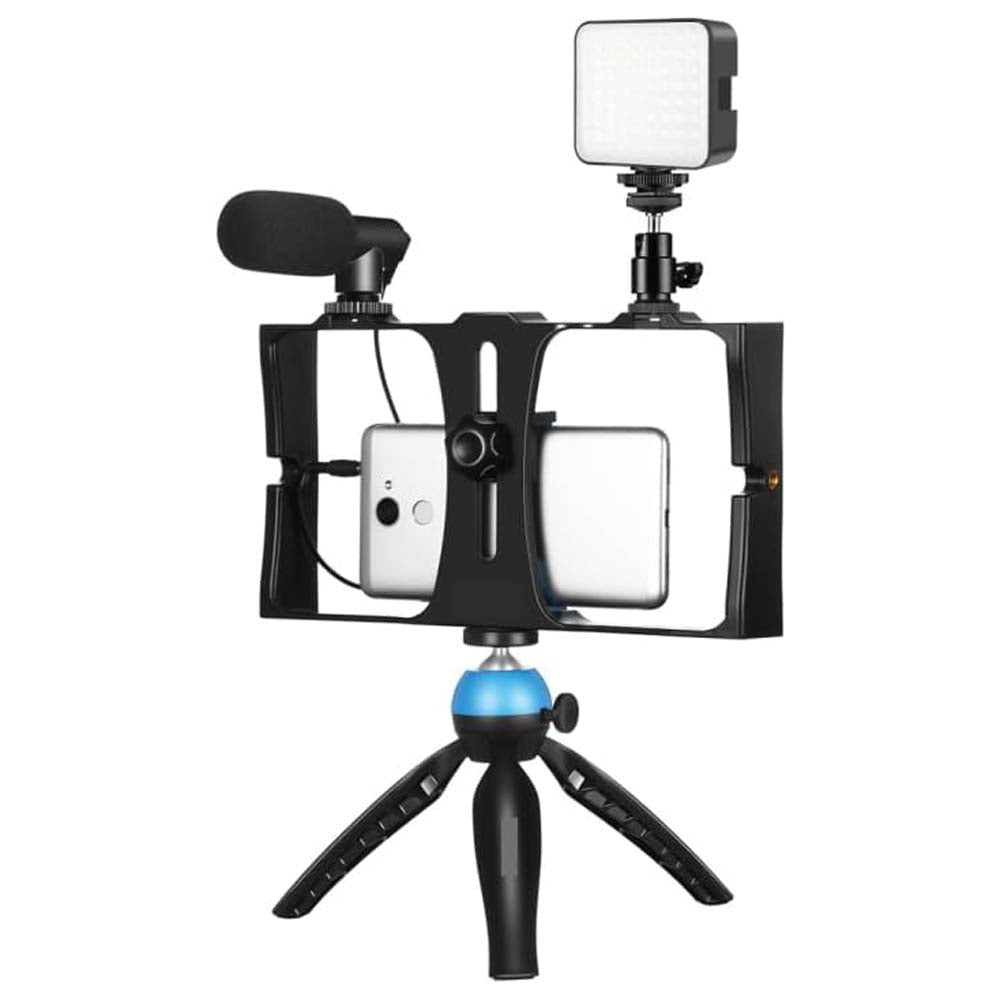 4-in-1 Vlogging Live Broadcast LED Selfie Fill Light Kit – Smartphone Video Rig with Microphone, Tripod Mount, and Cold Shoe Tripod Head - Blue