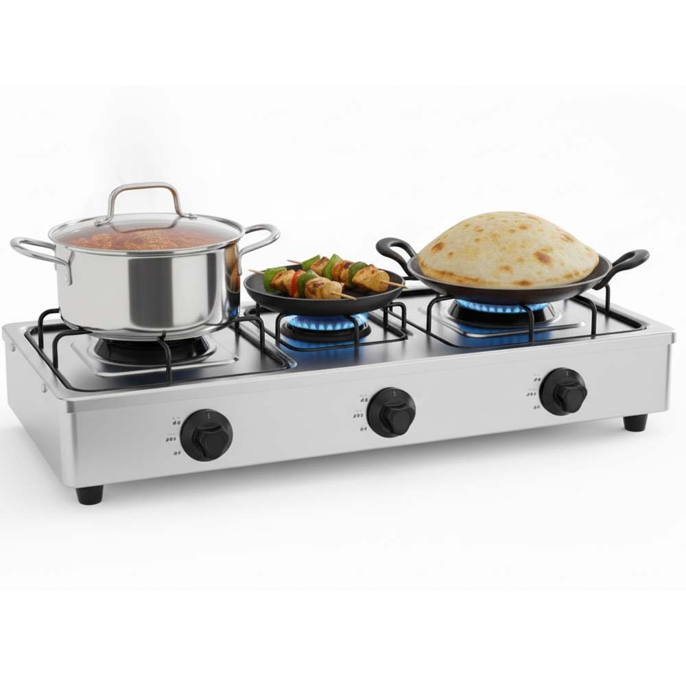 OE-444 3-Burner Gas Stove. Stainless steel enamel body with auto ignition for efficient, powerful triple-burner cooking.