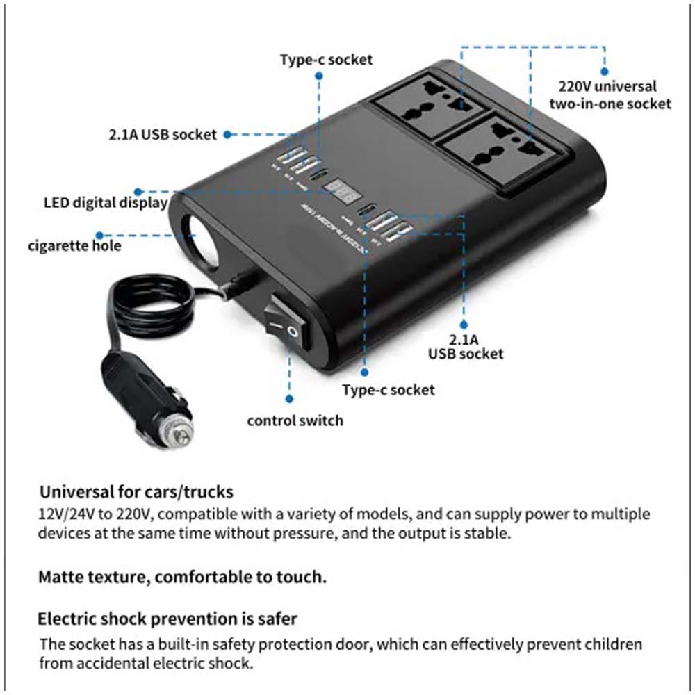 150W Universal Car Inverter - Multi-Port Travel Adapter with USB & AC Outlet for Global Use