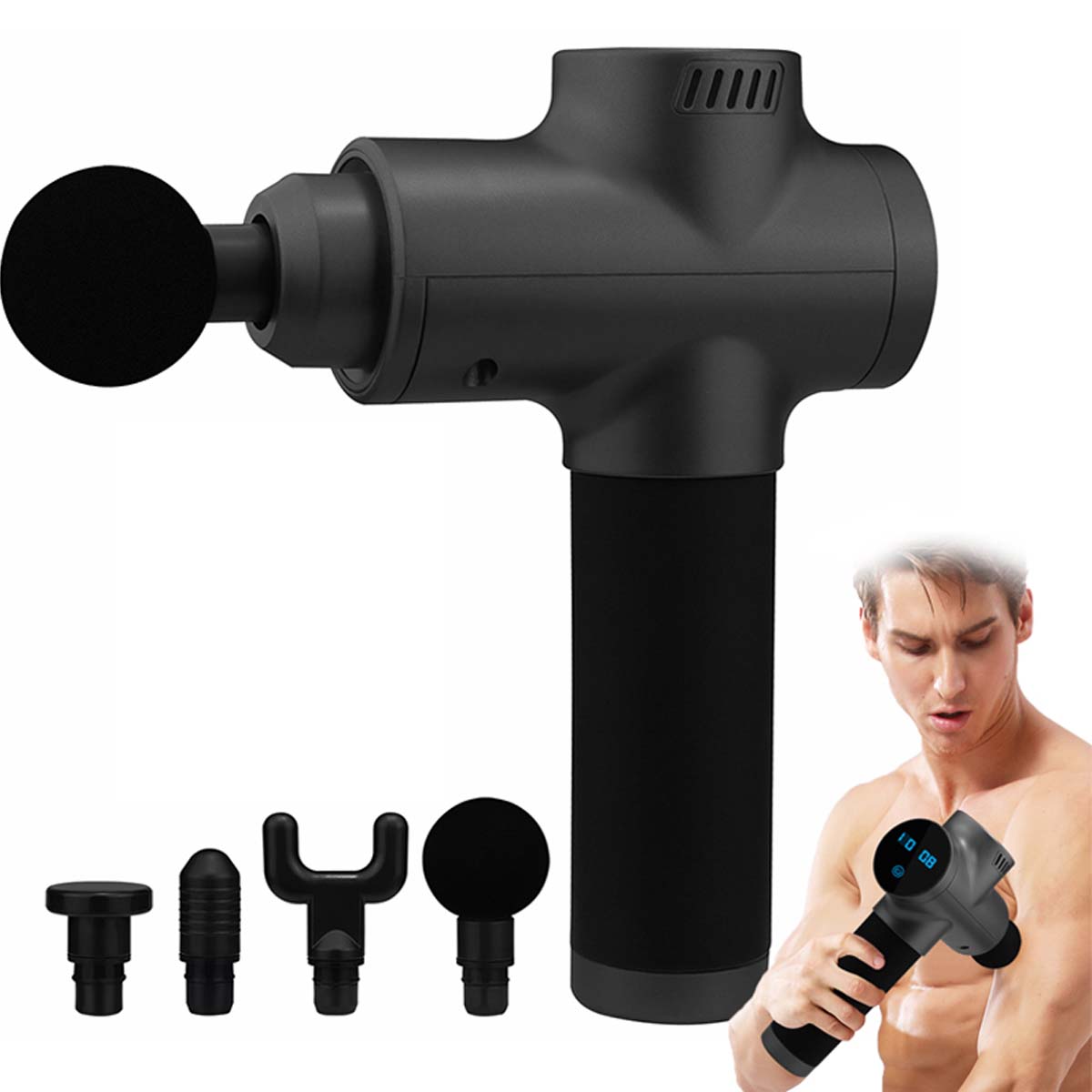 Professional Fascial Massage Gun. 6-speed deep tissue massager with 4 heads for muscle pain relief. Rechargeable & handheld (Multi-Colour)