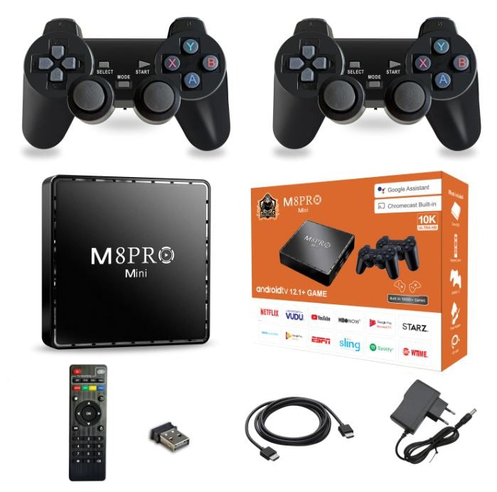 M8 Pro Mini Game TV Box – 64GB HD Retro Game Console with 2.4G Wireless Gamepad, Android 12 Dual System Set-Top Box