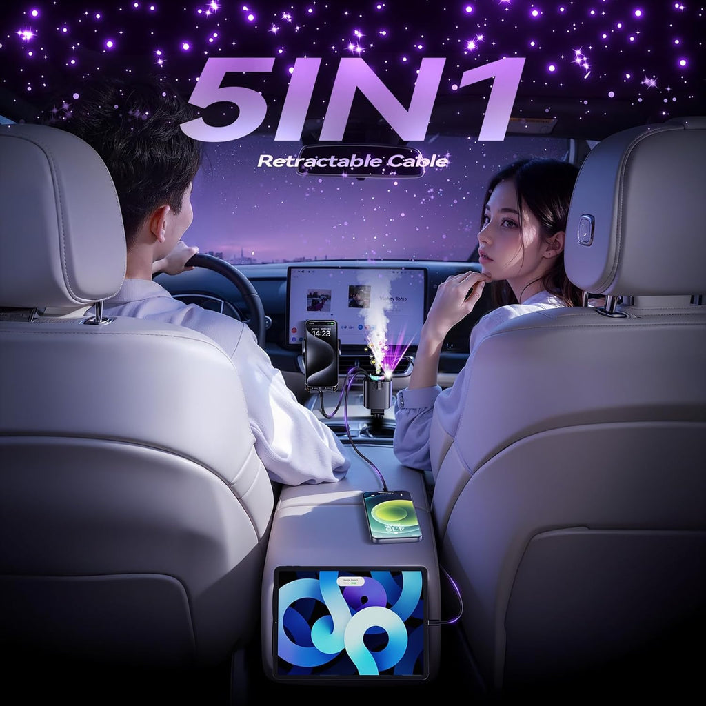 Luxury Retractable Car Charger with Aroma Therapy & Starlight Ambient Lighting. USB C adapter & car air freshener combo.