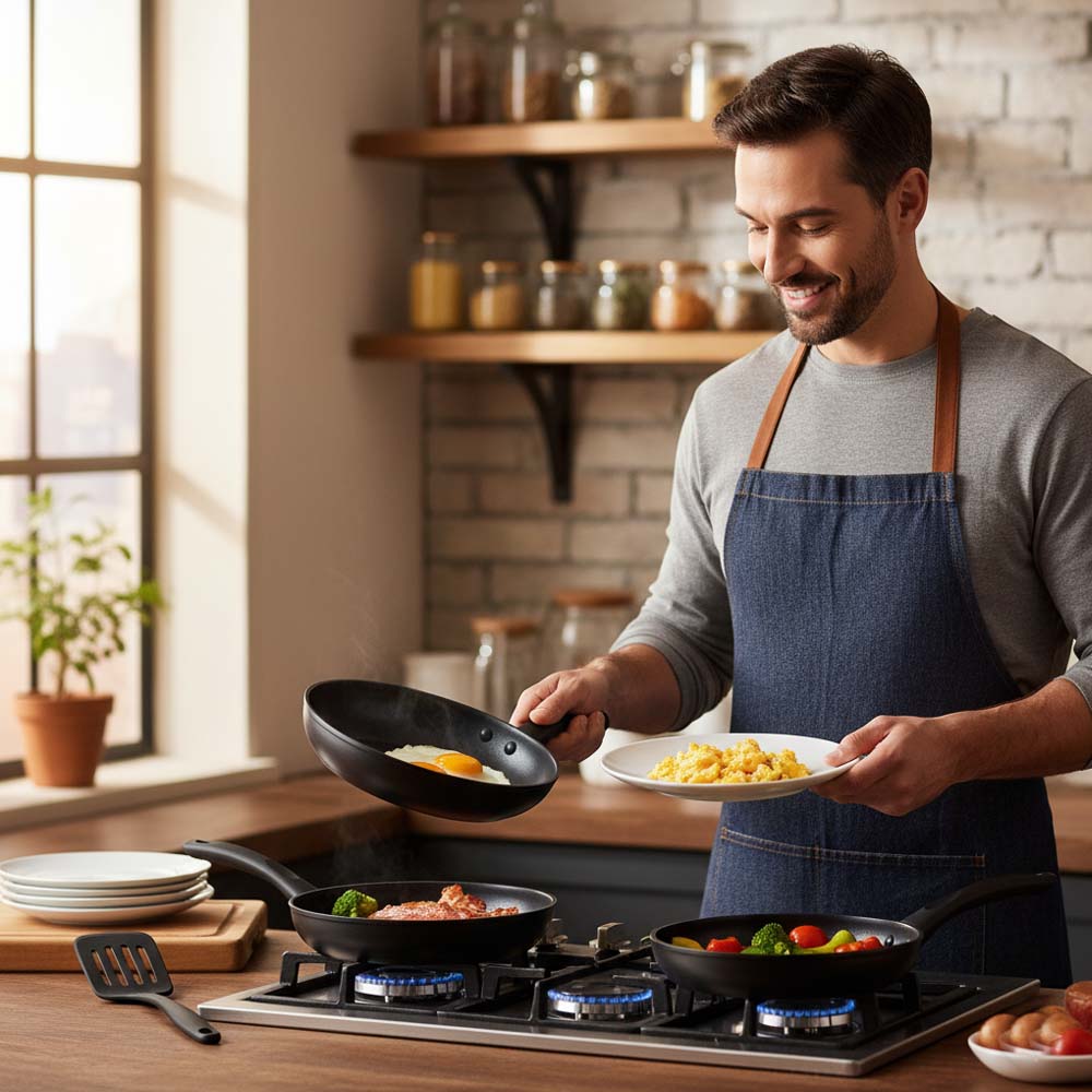 OE-017 4-Piece Non-Stick Frying Pan Set. 3 pans & nylon spatula in 20cm, 24cm, 26cm. Dishwasher-safe aluminum body. (Black)