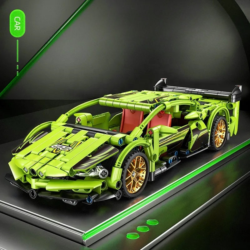 Come Alive Tech Sport Racing Car Building Set. 439-piece green DIY bricks with pull-back function for kids. STEM construction toy.