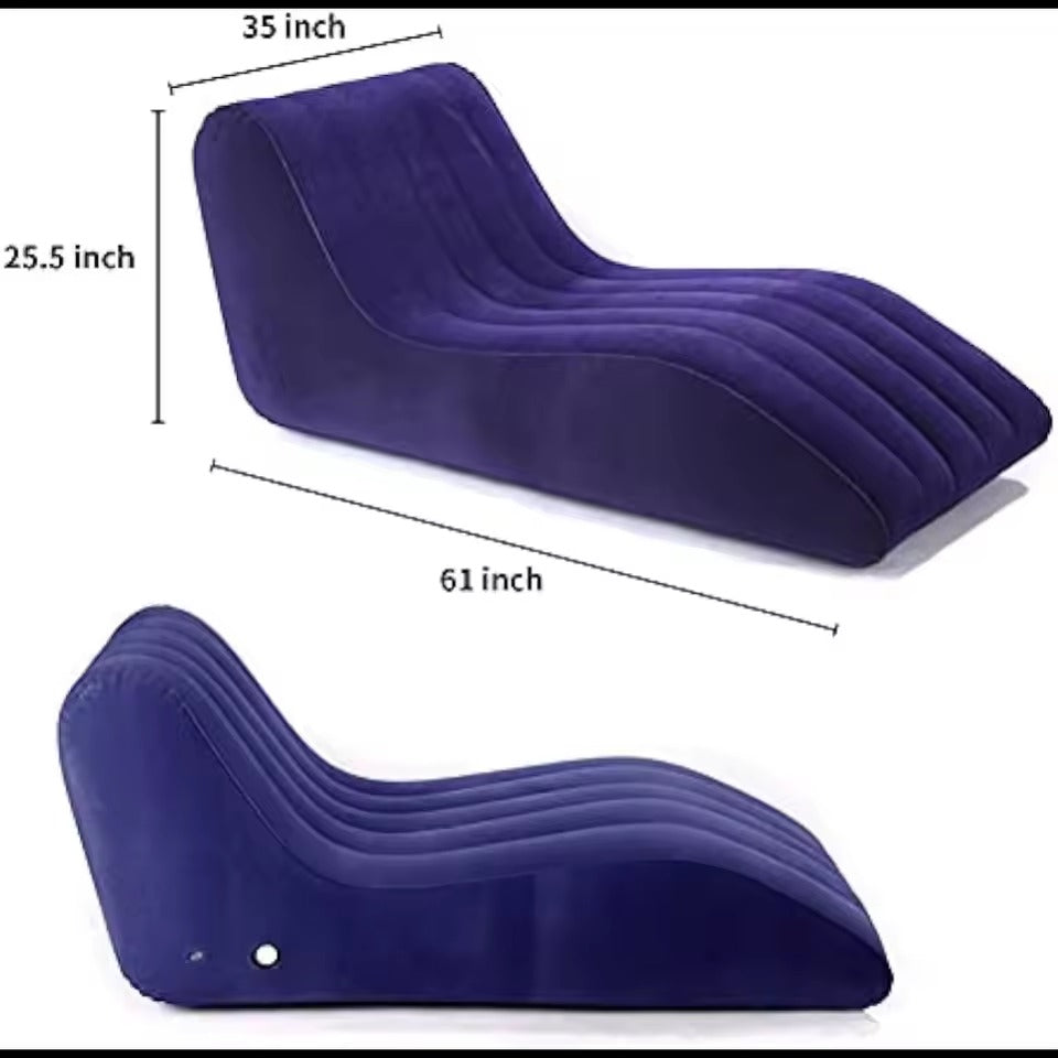 Folding Portable Inflatable Recliner Sofa – S-Type Lazy Flocking Lounge Chair with Foot Air Pump for Indoor Living Room & Outdoor Balcony (Blue)