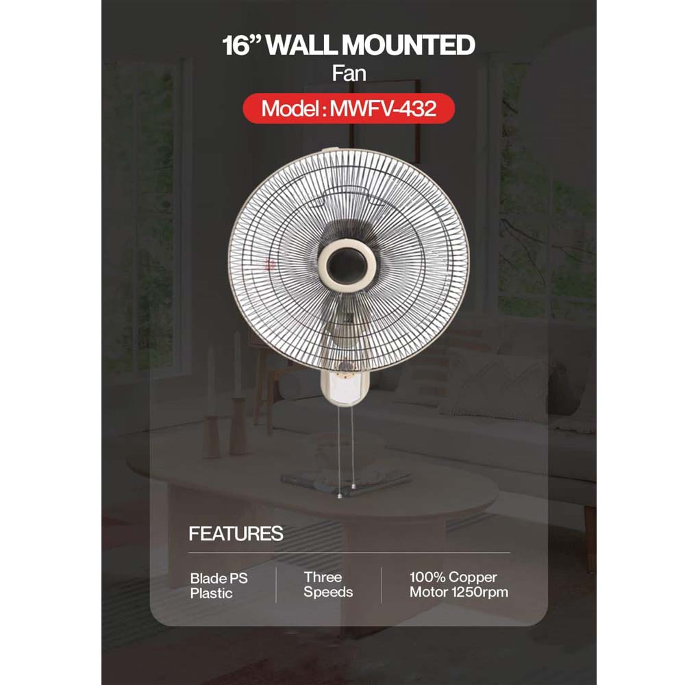 MWFV-432 16" Wall Mount Fan - 3-Speed, Adjustable Tilt, Quiet Operation for Home & Commercial Spaces Without remote