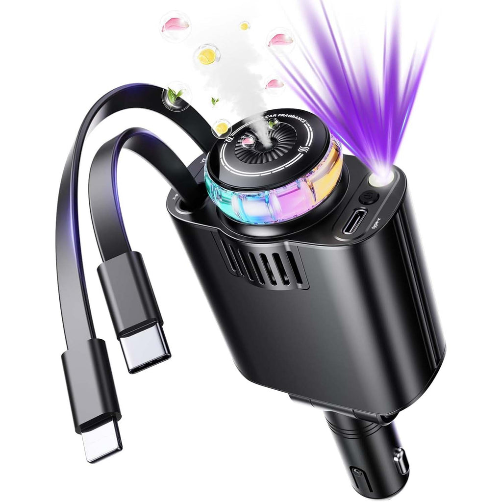 Luxury Retractable Car Charger with Aroma Therapy & Starlight Ambient Lighting. USB C adapter & car air freshener combo.