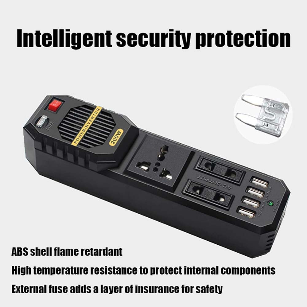 200W Car Power Inverter - DC 12V to AC 220V Converter with 2 AC Outlets, 4 USB Ports & Cigarette Lighter Socket