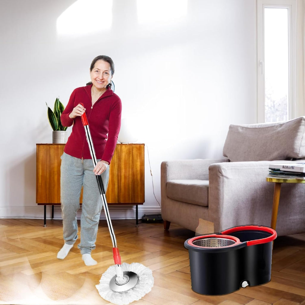 Easy Spin Mop and Bucket Set with 360° Rotation | Stainless Steel Handle & Wring Dryer Basket | Includes 2 Microfiber Mop Heads for Floor Cleaning | Ideal for Hardwood, Ceramic Tile, Marble, Laminate, and Glass