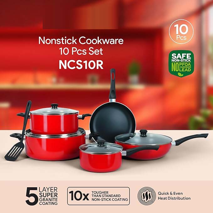 10-Piece Nonstick Cookware Set - 10X Tougher Coating, Heat-Resistant Handles, Glass Lids, Frypan, Wokpan, Nylon Turner