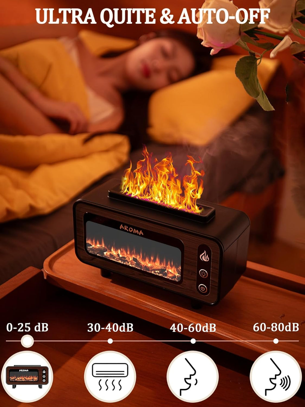 Wood Grain Fireplace Diffuser | 7-Color Flame Humidifier | Silent Auto Shut-Off Aroma Diffuser | Simulated Fire Light for Living Room, Bedroom