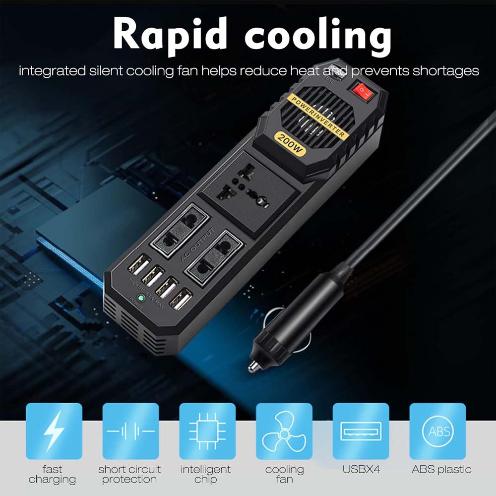 200W Car Power Inverter - DC 12V to AC 220V Converter with 2 AC Outlets, 4 USB Ports & Cigarette Lighter Socket
