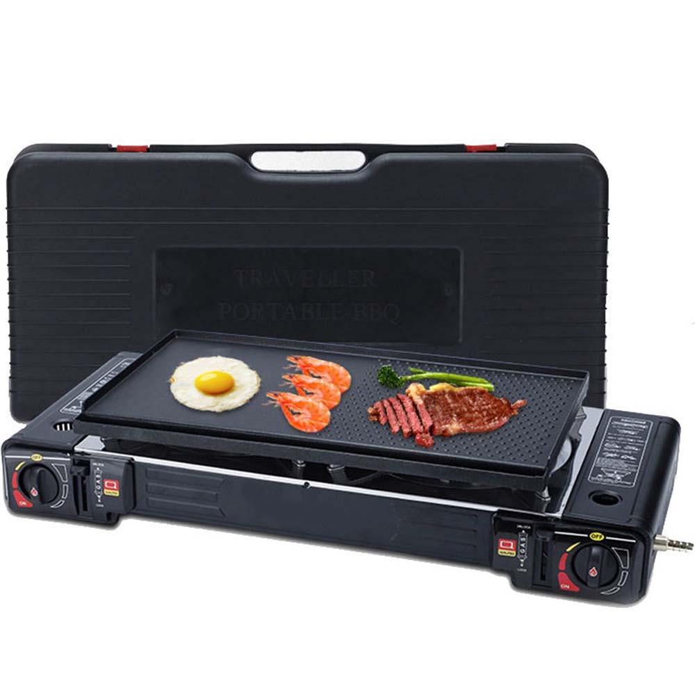 Portable Double Burner Card Stove. Windproof butane camp stove with 3-second ignition for fast outdoor cooking. Compact design.