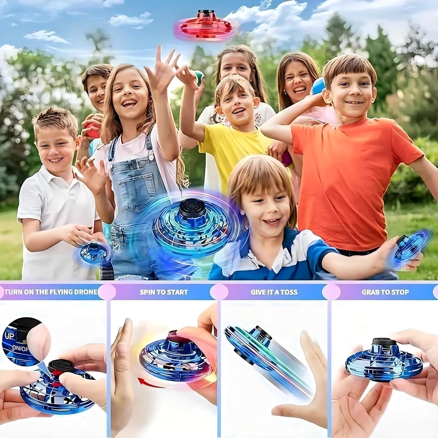 UFO Hand Controlled Mini Drone LED flying fidget spinner with 360° rotation. USB rechargeable toy for boys & girls.