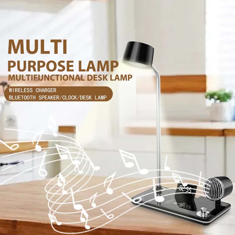 LED Desk Lamp with Wireless Charger, Bluetooth Speaker, Clock & Night Light - Modern Multifunctional Touch Control Design