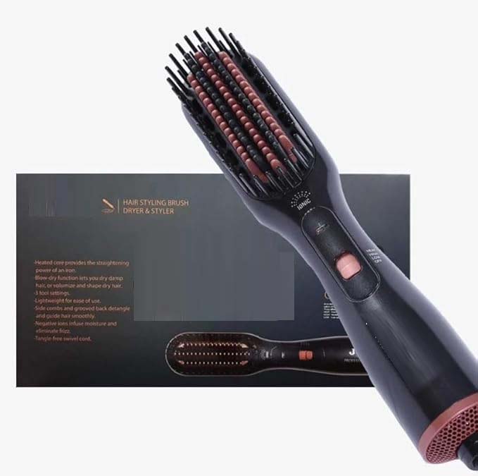 Professional 3-in-1 Hair Styling Brush with Hair Dryer, Straightener & Volumizer - Ionic Technology, Multiple Heat Settings for All Hair Types, Anti-Frizz Blowout Styler Brush, Ergonomic Design for Salon-Quality Results at Home and Travel