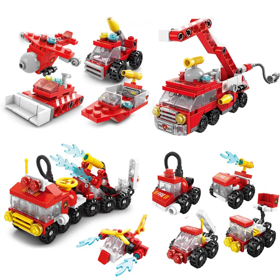 6-in-1 Fire Brigade Truck Building Blocks Set – 142-Piece Creative Play Toy for Kids, Durable DIY Assemble Fire Trucks & Emergency Scenes, Perfect Gift