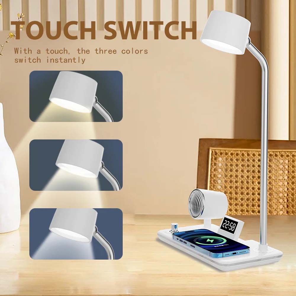 LED Desk Lamp with Wireless Charger, Bluetooth Speaker, Clock & Night Light - Modern Multifunctional Touch Control Design
