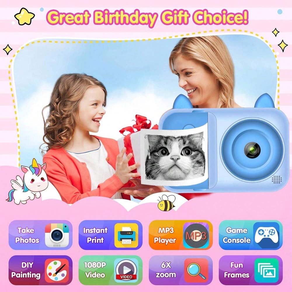 Kids Instant Print Camera - 1080P Digital Camera for Children 3-12 with Photo Papers (Blue, No Card Included)