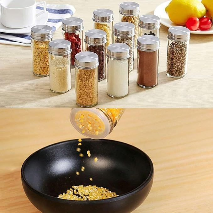12-Piece Glass Spice Jar Set – Rotating Stainless Steel Spice Rack with 120ml Round Jars