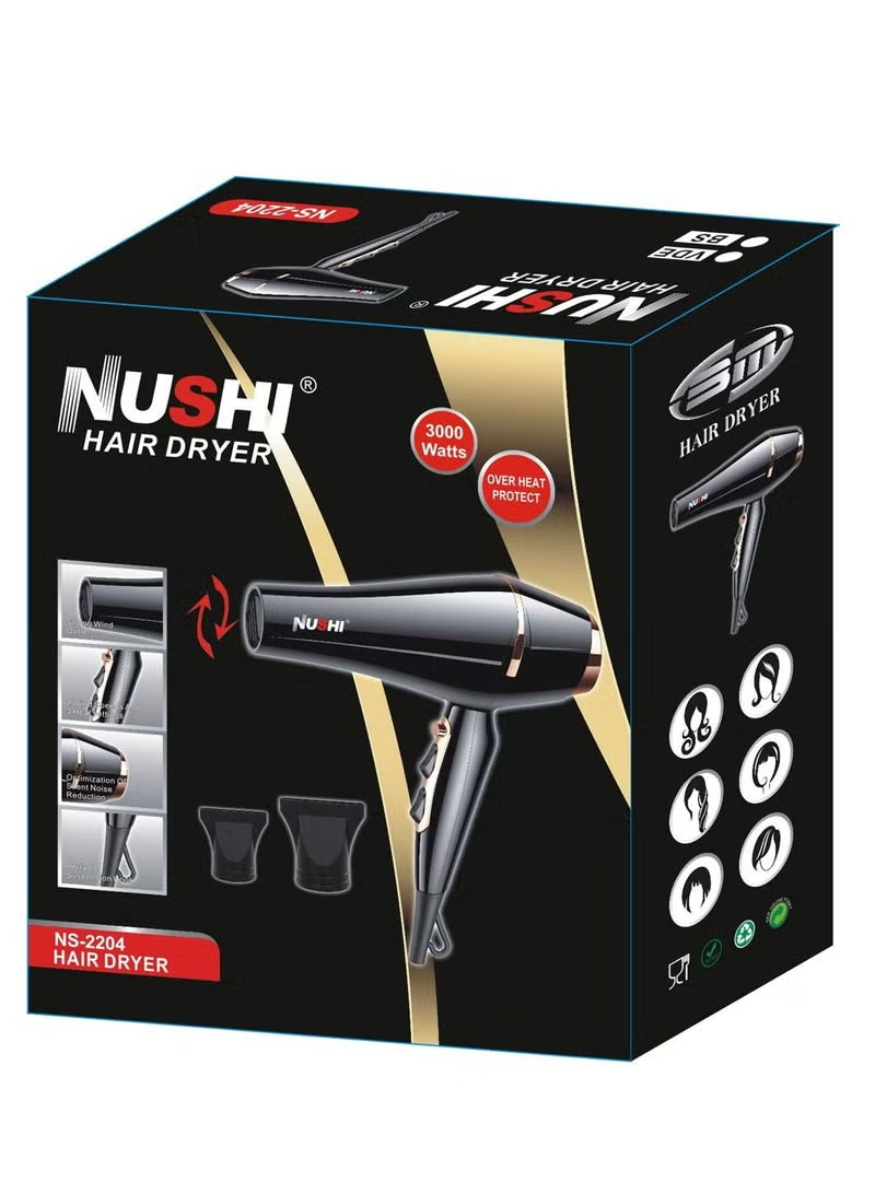NUSHI NS-2204 Professional Hair Dryer 3000W ultra-powerful motor for fastest drying. Ionic technology for salon results.
