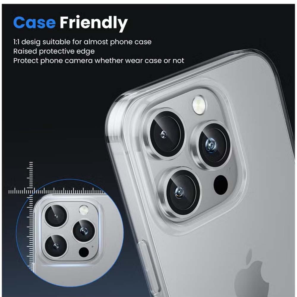 iPhone 14 Pro Max/15 Pro Camera Lens Protector - 3-Pack 9H Tempered Glass with Alloy Ring (Silver Titanium)