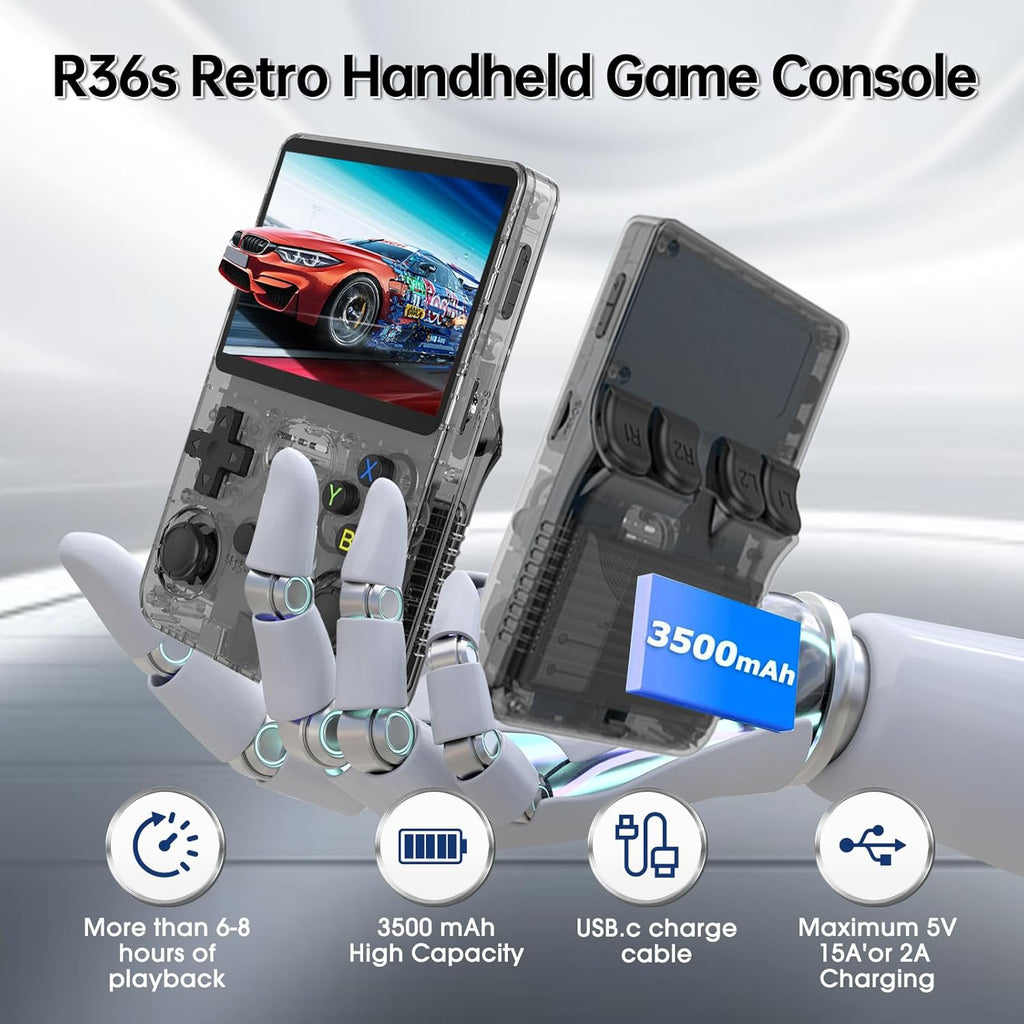 R36S Retro Handheld Game Console. 3.5" IPS, 128GB, 40,000+ classic games. Open-source ARKOS, 3500mAh battery for long play.