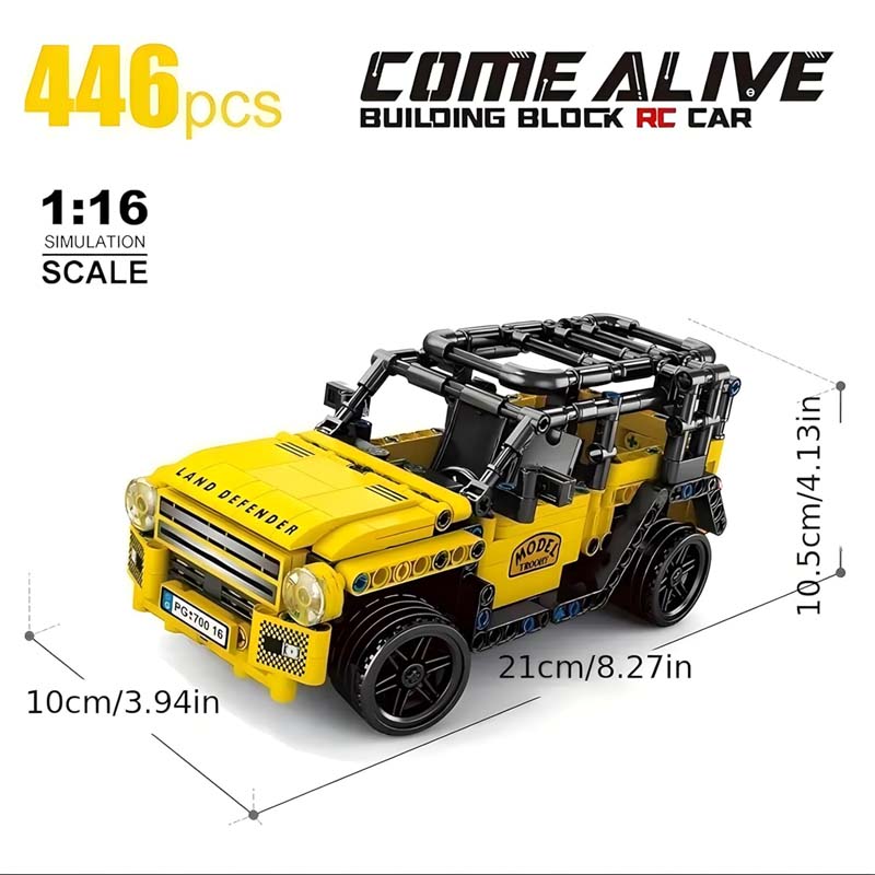 Come Alive 1:16 Scale RC Land Defender Rover. 446-piece DIY building kit with remote control. STEM engineering toy for kids.