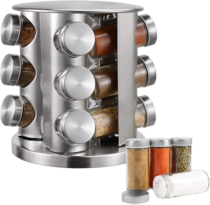 12-Piece Glass Spice Jar Set – Rotating Stainless Steel Spice Rack with 120ml Round Jars