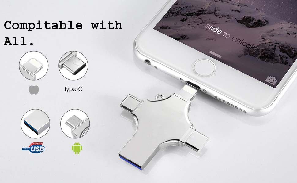 128 GB 4-in-1 USB 3.0 - Compatible with iPhone, Android, iPad, Mac, PC, Galaxy S, Windows | Fast USB A, USB C, Micro USB & iPhone Connector | High-Speed Thumb Drive, Jump Drive, Memory Stick, Portable Hard Drive