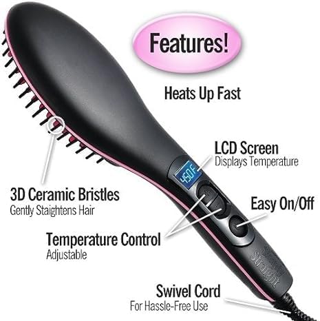 Simply Straight Ceramic Hair Straightening Brush | Black/Pink | Safe, Damage-Free Hair Styling
