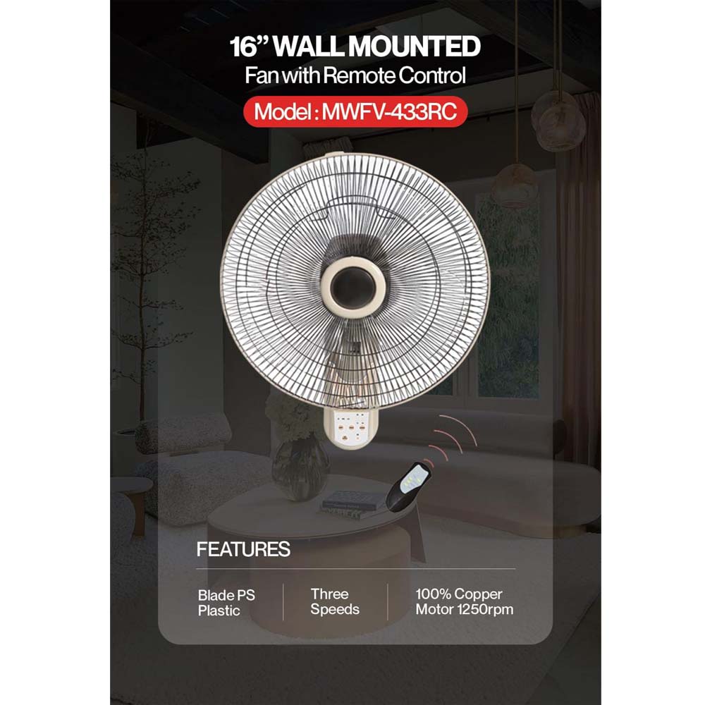 MWFV-433RC 16" Wall Mount Fan - Remote Control, 3-Speed, Adjustable Tilt, Quiet Operation for Home & Office