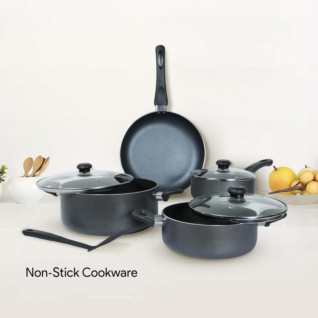 10-Piece Nonstick Cookware Set - Aluminum, Glass Lids, Casserole, Saucepan, Frypan, Nylon Turner, Dishwasher Safe (Black)