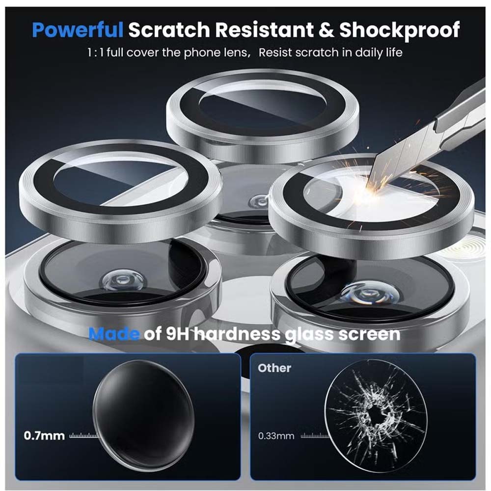 iPhone 14 Pro Max/15 Pro Camera Lens Protector - 3-Pack 9H Tempered Glass with Alloy Ring (Silver Titanium)