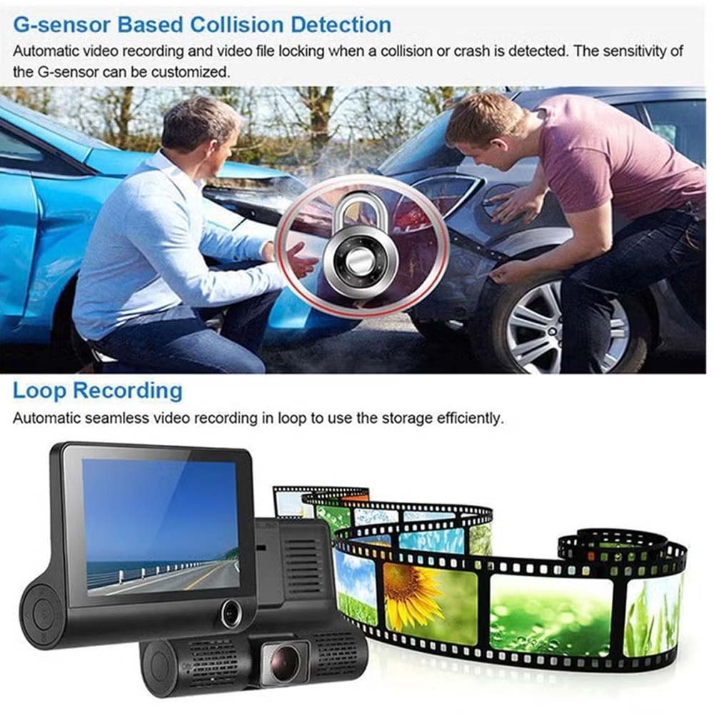 DX3618 3-Channel Car Dashcam. 4" HD display with front, rear & inside cameras. Loop recording, night vision & G-sensor.
