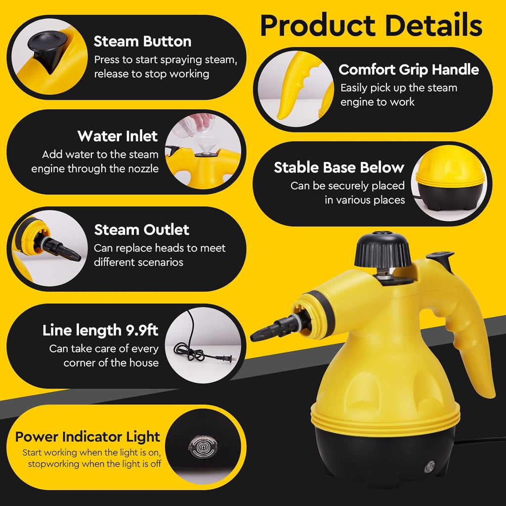 Powerful Pressurized Handheld Steam Cleaner - 9pc Kit for Multi-Surface Cleaning (Kitchen, Bathroom, Car, Windows, Grime