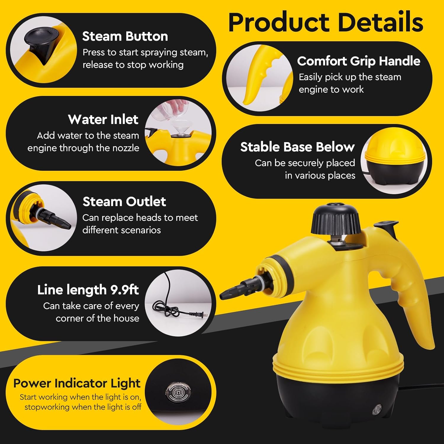 Powerful Pressurized Handheld Steam Cleaner - 9pc Kit for Multi-Surface Cleaning (Kitchen, Bathroom, Car, Windows, Grime