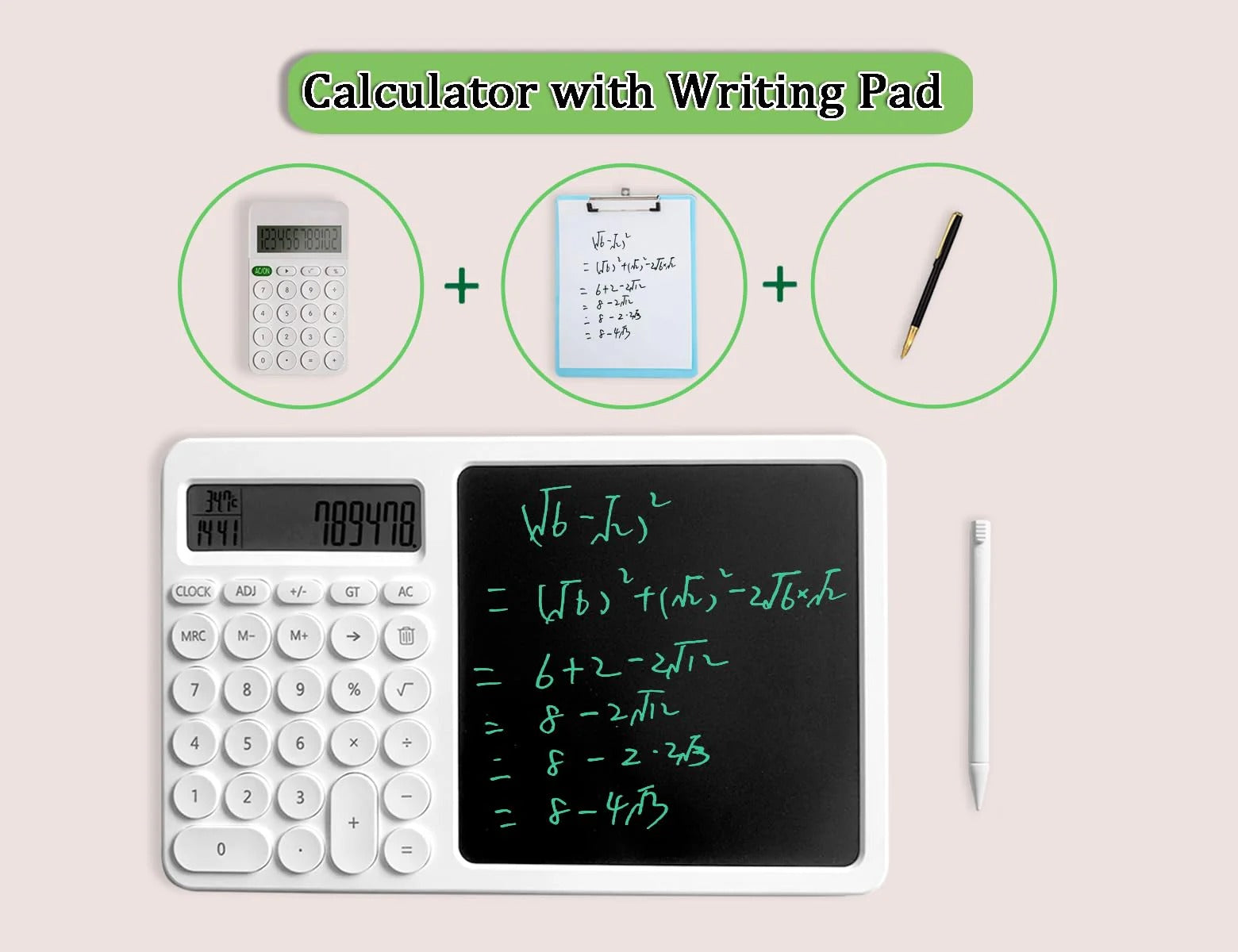 Calculator LCD Writing Tablet | 2-in-1 Digital Notepad and Calculator | Portable Electronic Memo Pad for Office, School, and Home | Eco-Friendly Reusable Screen