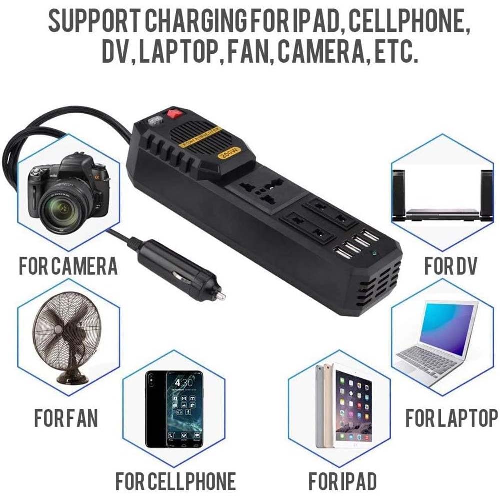 200W Car Power Inverter - DC 12V to AC 220V Converter with 2 AC Outlets, 4 USB Ports & Cigarette Lighter Socket