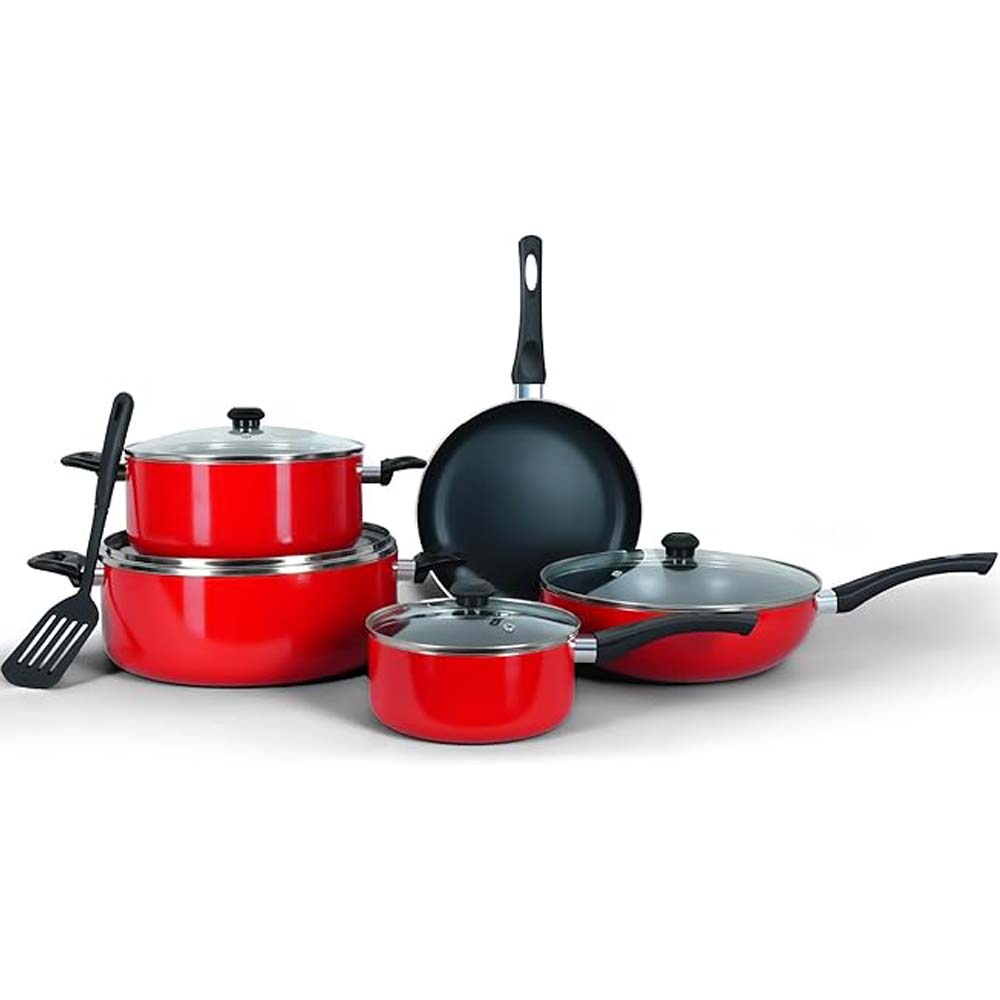 10-Piece Nonstick Cookware Set - 10X Tougher Coating, Heat-Resistant Handles, Glass Lids, Frypan, Wokpan, Nylon Turner