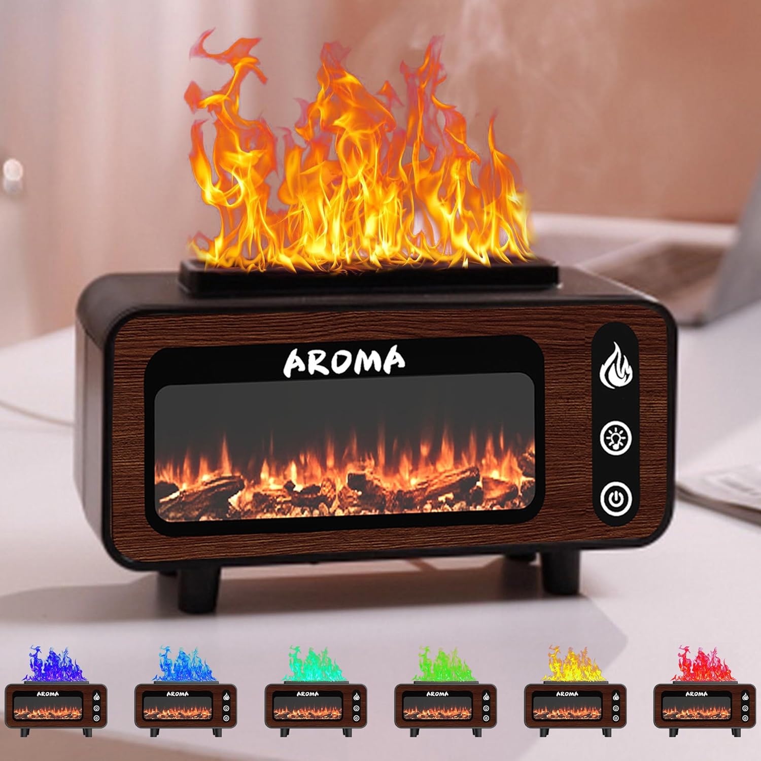 Wood Grain Fireplace Diffuser | 7-Color Flame Humidifier | Silent Auto Shut-Off Aroma Diffuser | Simulated Fire Light for Living Room, Bedroom