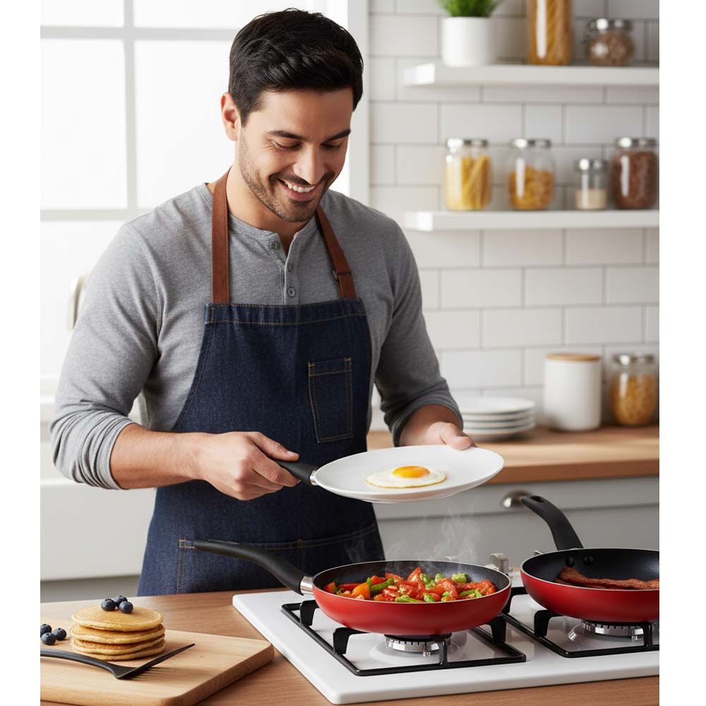 OE-017 4-Piece Red Non-Stick Frying Pan Set. 3 aluminum pans & spatula in 20cm, 24cm, 26cm. Dishwasher-safe.
