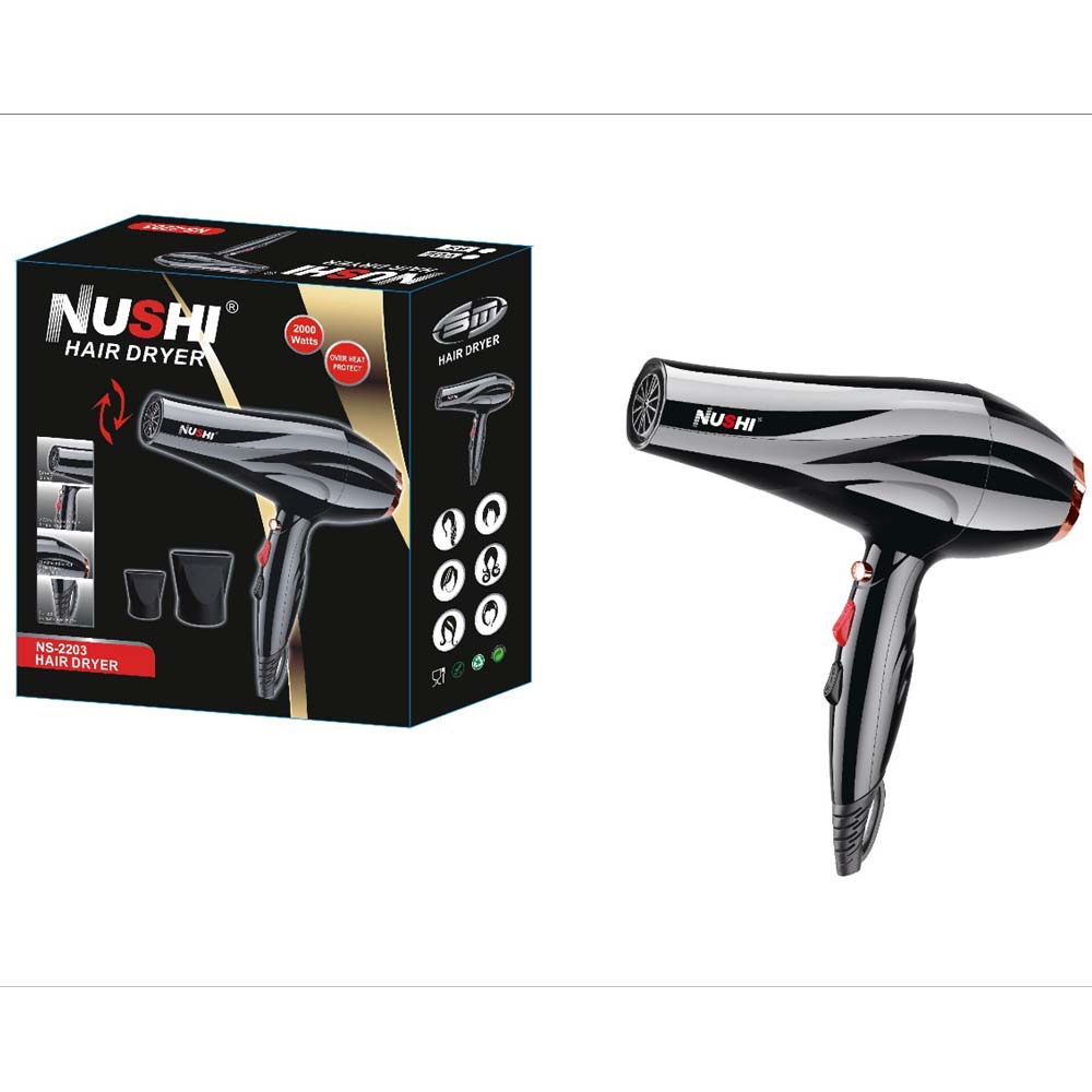 NUSHI NS-2203 Professional Hair Dryer. 2000W powerful ionic blow dryer for fast, frizz-free drying at home or salon.